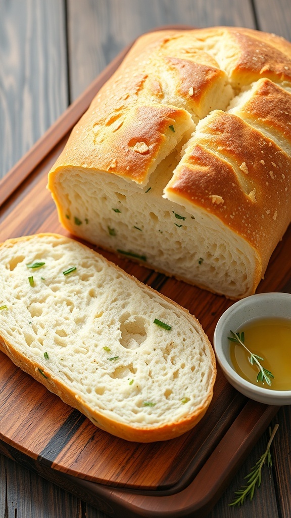 A loaf of yogurt and herb bread sliced on a wooden board, with a bowl of olive oil and fresh herbs.